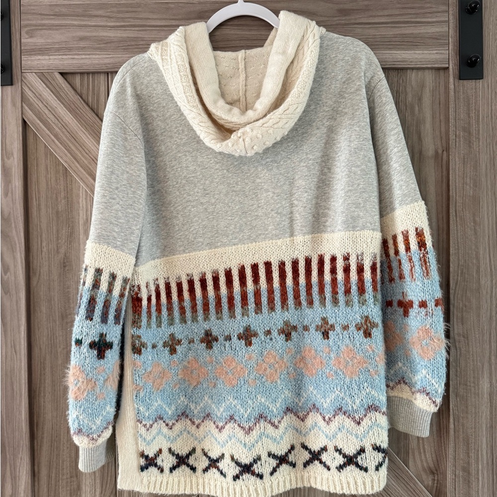Fair Isle Cowl Hoodie Sweater - Cream & Light Blue - Picture 2 of 3